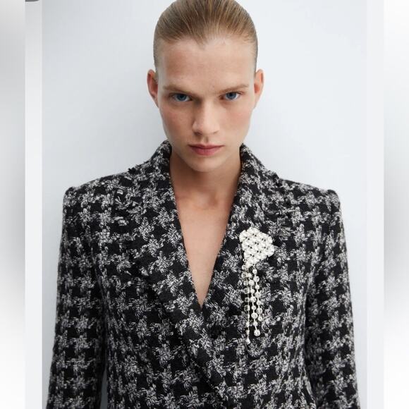 Mango Americana Twee Academia Houndstooth With Brooch Tweed Jacket and Skirt - Picture 12 of 14